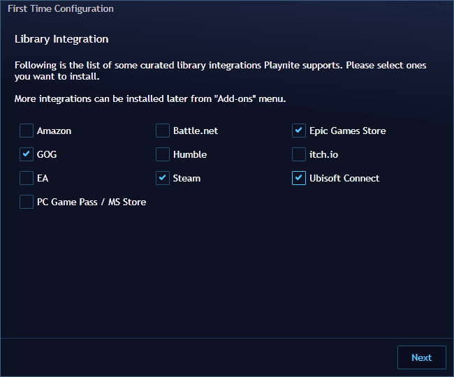 playnite first time configuration screen